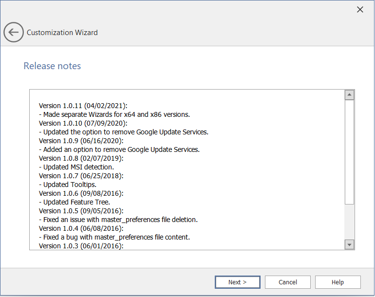 Customization Wizard / Release Notes Panel