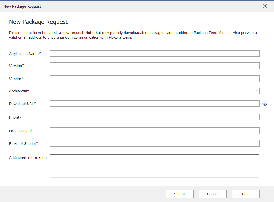 New Package Request Wizard